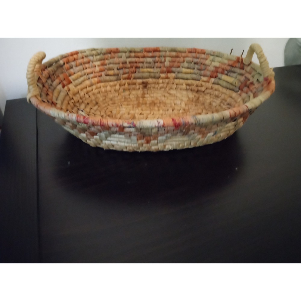 Woven Straw Oval Basket with‎ Handles Natural Orange Green Boho Decor
